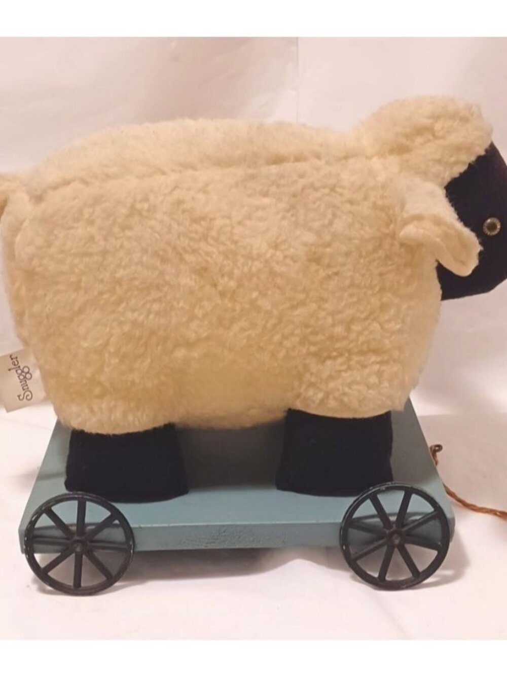 Vtg Country Farmhouse Sheep Lamb on Wheels Wood Twine Pull Toy Decor Snuggler - Picture 2 of 15